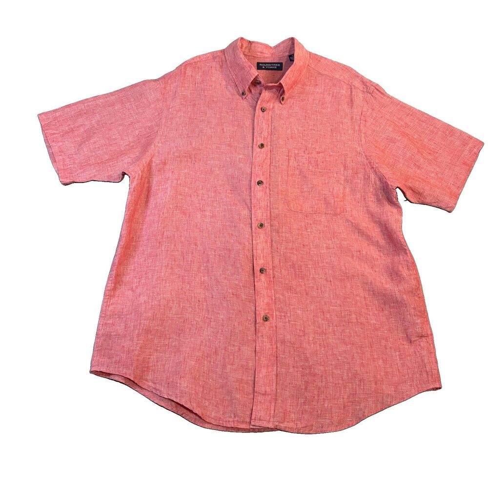 Roundtree & Yorke 100% Linen Mens Size L Button Up Shirt Red Resortwear Vacation